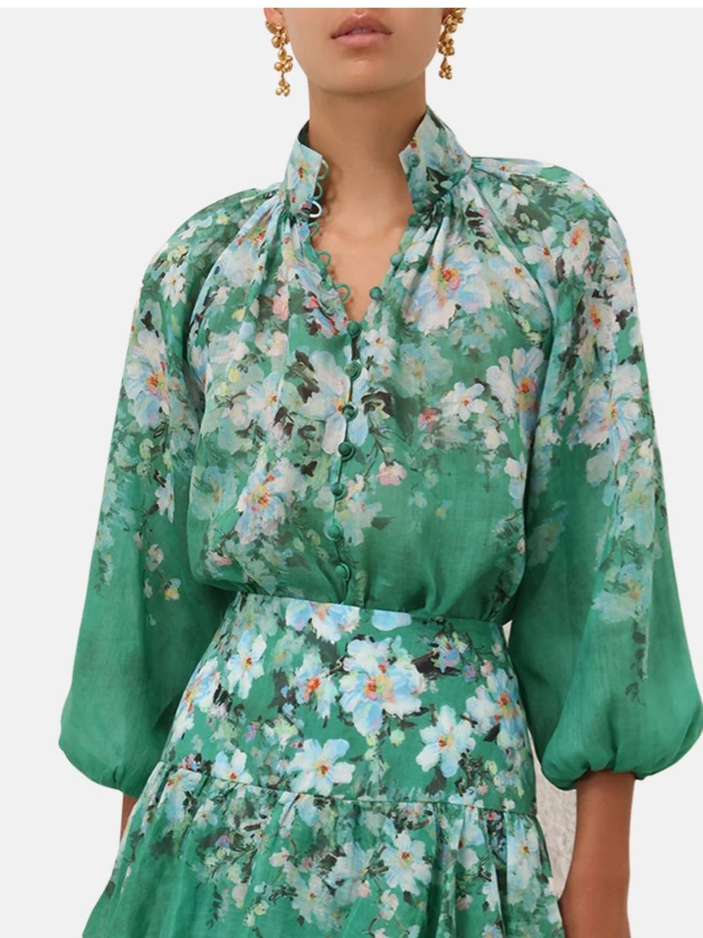 Zimmermann Everley Billow Blouse-Green Watercolour Floral NWT